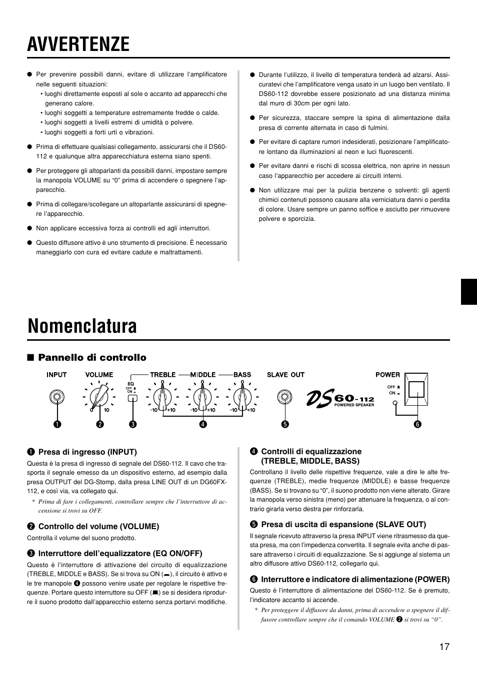 Avvertenze, Nomenclatura, Pannello di controllo | Yamaha DS60-112 User Manual | Page 17 / 22