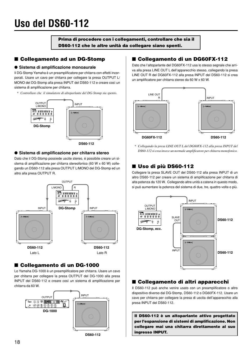 Collegamento ad un dg-stomp, Collegamento di un dg-1000, Collegamento di altri apparecchi | Sistema di amplificazione monoaurale, Sistema di amplificazione per chitarra stereo | Yamaha DS60-112 User Manual | Page 18 / 22