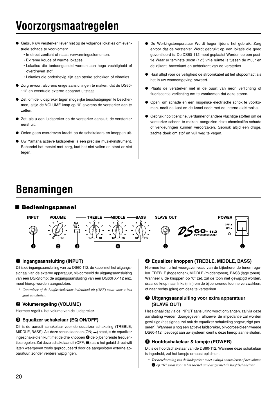 Voorzorgsmaatregelen, Benamingen, Bedieningspaneel | Yamaha DS60-112 User Manual | Page 20 / 22