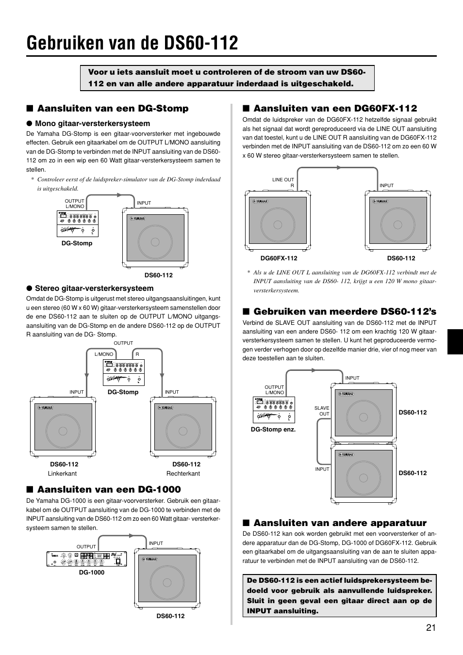 Aansluiten van een dg-stomp, Aansluiten van een dg-1000, Aansluiten van andere apparatuur | Mono gitaar-versterkersysteem, Stereo gitaar-versterkersysteem | Yamaha DS60-112 User Manual | Page 21 / 22