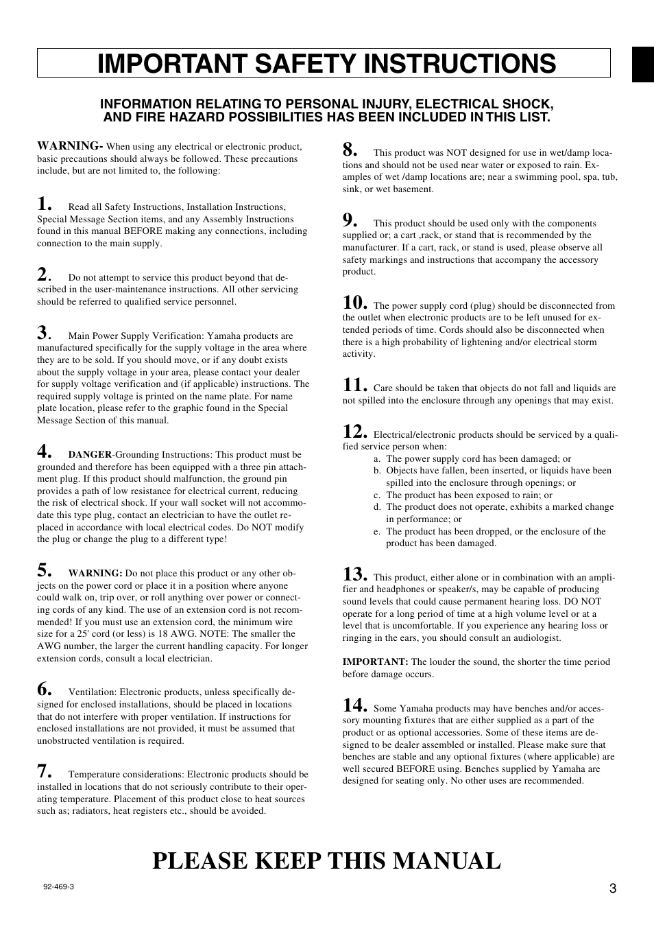 Important safety instructions, Please keep this manual | Yamaha DS60-112 User Manual | Page 3 / 22