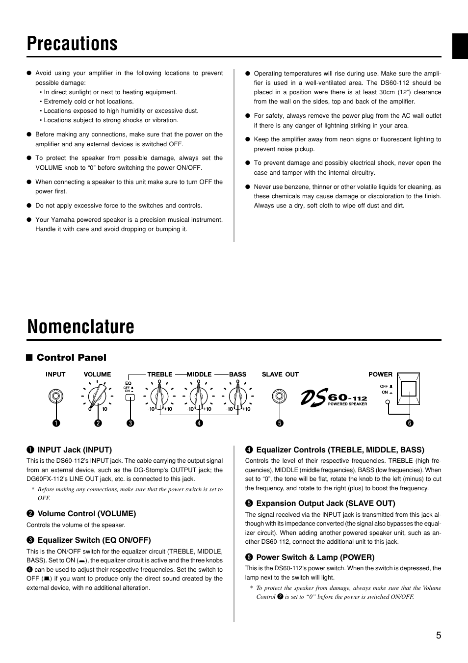 Precautions, Nomenclature, Control panel | Yamaha DS60-112 User Manual | Page 5 / 22