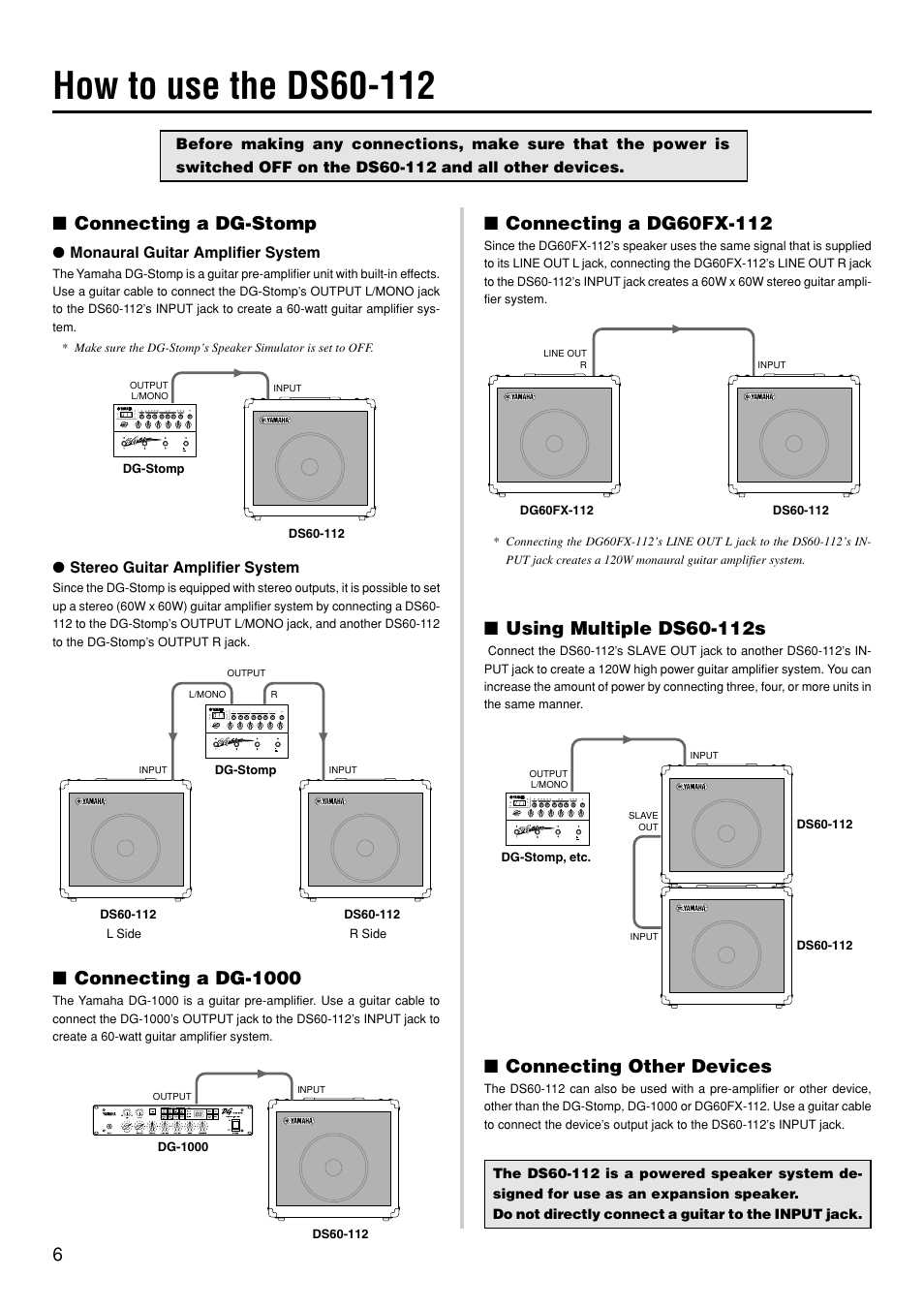 Connecting a dg-stomp, Connecting a dg-1000, Connecting other devices | Monaural guitar amplifier system, Stereo guitar amplifier system | Yamaha DS60-112 User Manual | Page 6 / 22