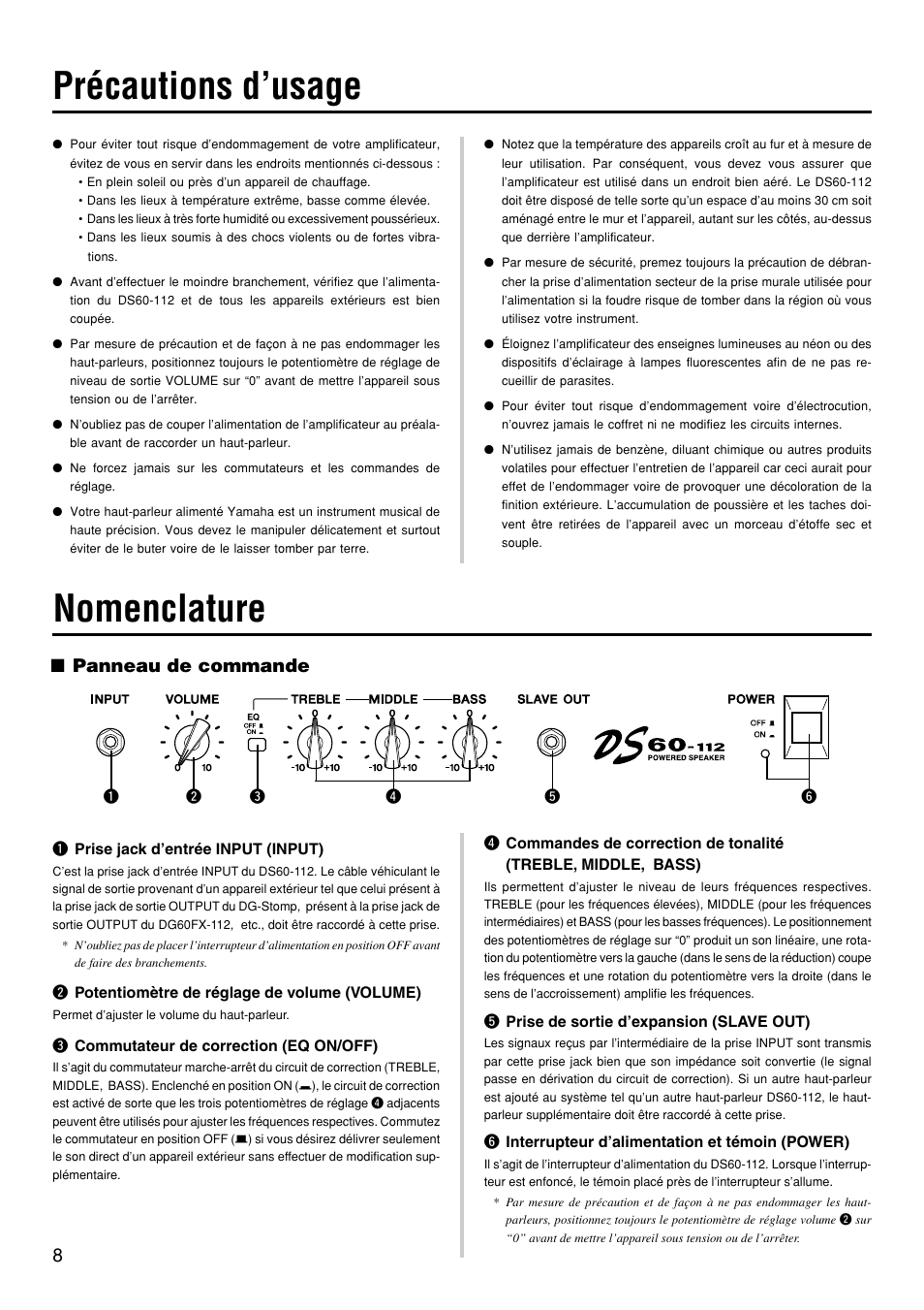 Précautions d’usage, Nomenclature, Panneau de commande | Yamaha DS60-112 User Manual | Page 8 / 22