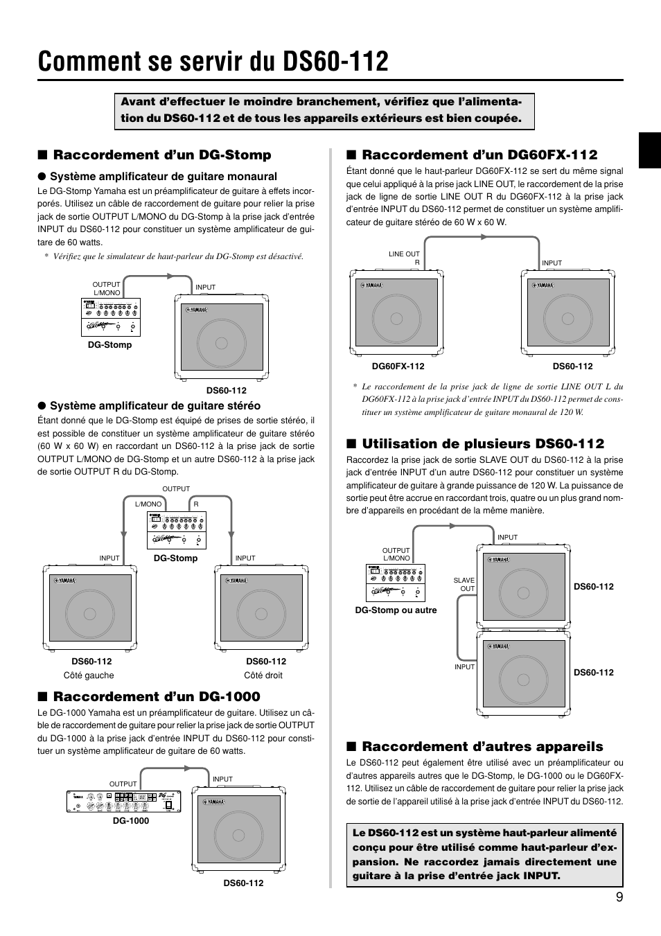 Raccordement d’un dg-stomp, Raccordement d’un dg-1000, Raccordement d’autres appareils | Système amplificateur de guitare monaural, Système amplificateur de guitare stéréo | Yamaha DS60-112 User Manual | Page 9 / 22