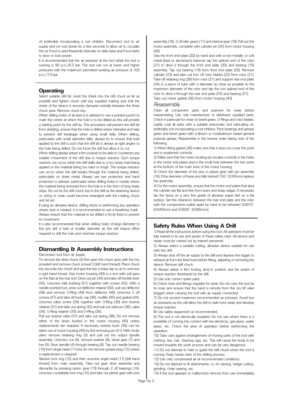 Operating, Dismantling & assembly instructions, Reassembly | Safety rules when using a drill | Universal Air Tools UT8807B-1/2 User Manual | Page 2 / 4
