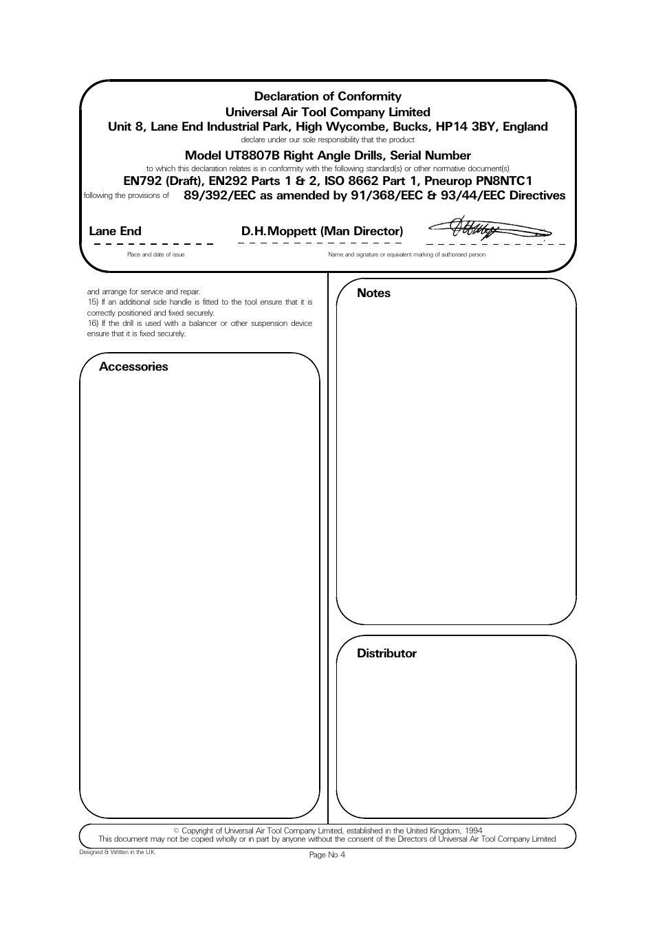 Accessories, Model ut8807b right angle drills, serial number, Lane end d.h.moppett (man director) | Universal Air Tools UT8807B-1/2 User Manual | Page 4 / 4