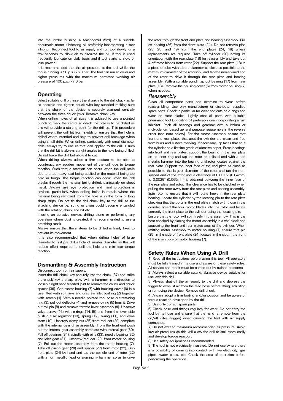 Operating, Dismantling & assembly instruction, Reassembly | Safety rules when using a drill | Universal Air Tools UT8741A User Manual | Page 2 / 4