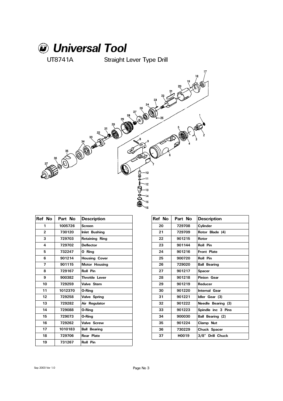 Ut8741a straight lever type drill | Universal Air Tools UT8741A User Manual | Page 3 / 4