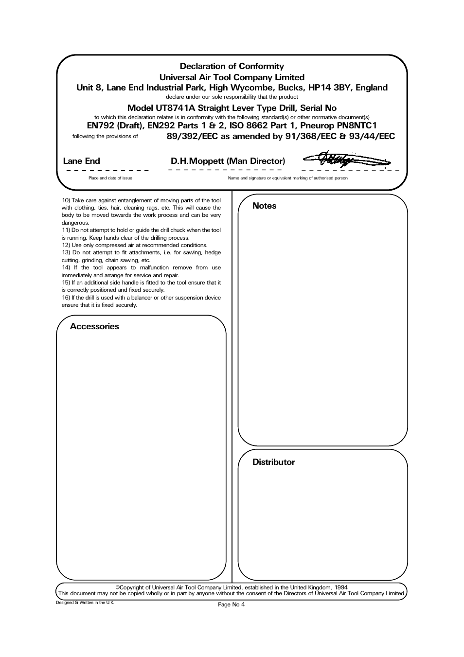 Accessories, Model ut8741a straight lever type drill, serial no, Lane end d.h.moppett (man director) | Universal Air Tools UT8741A User Manual | Page 4 / 4