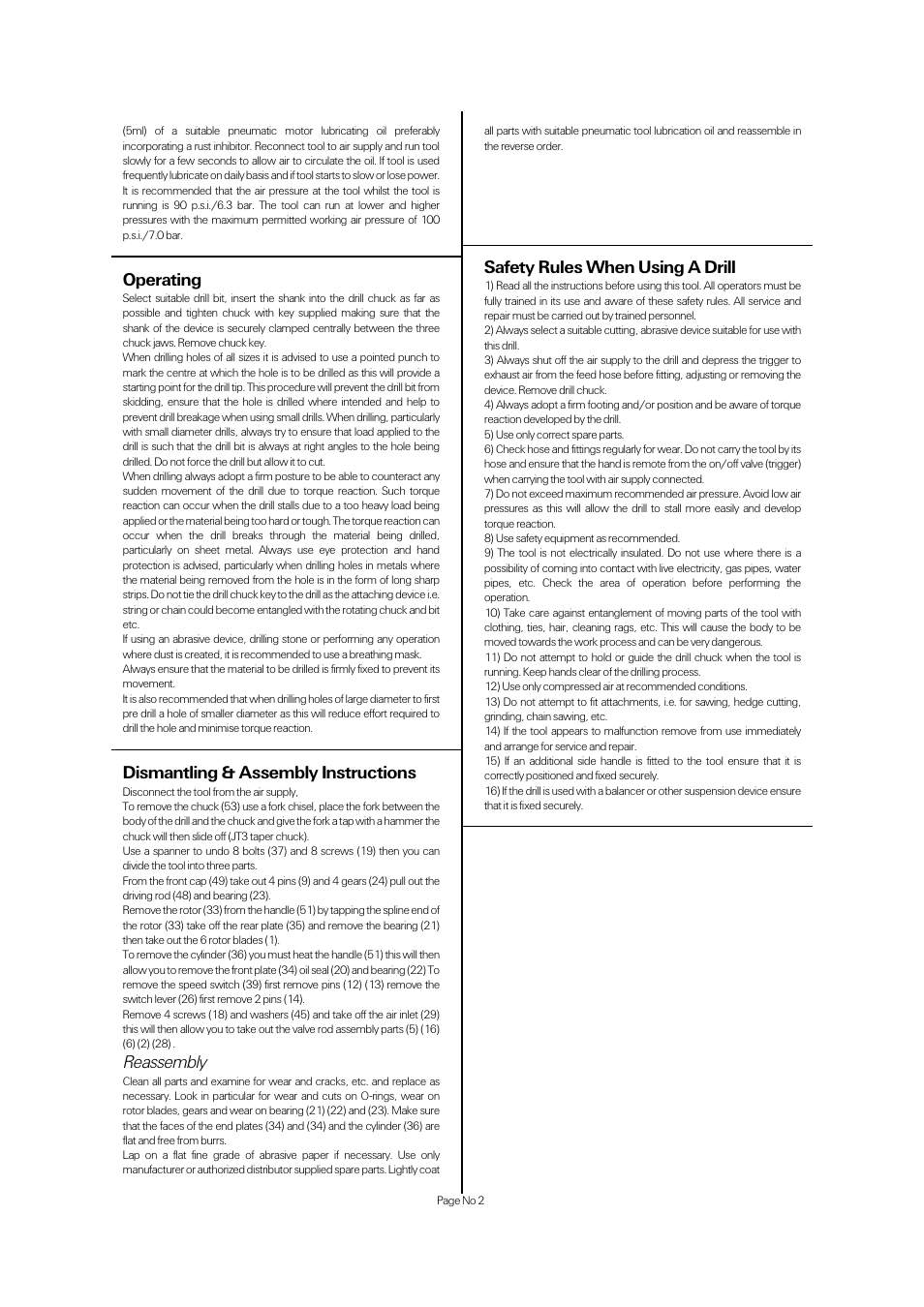 Operating, Dismantling & assembly instructions, Reassembly | Safety rules when using a drill | Universal Air Tools HP17RD User Manual | Page 2 / 4