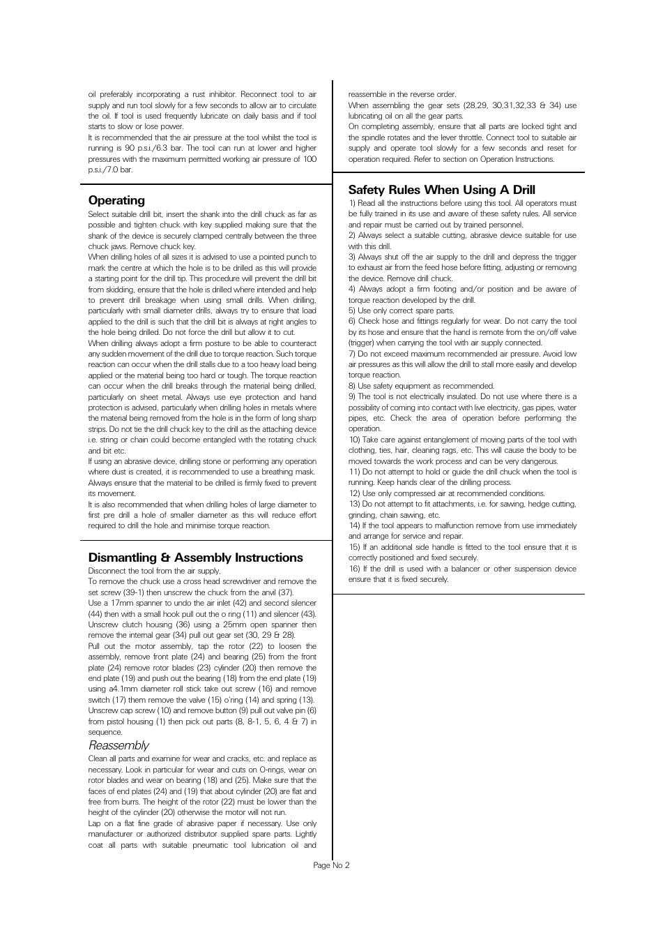 Operating, Dismantling & assembly instructions, Reassembly | Safety rules when using a drill | Universal Air Tools UT8818 User Manual | Page 2 / 4