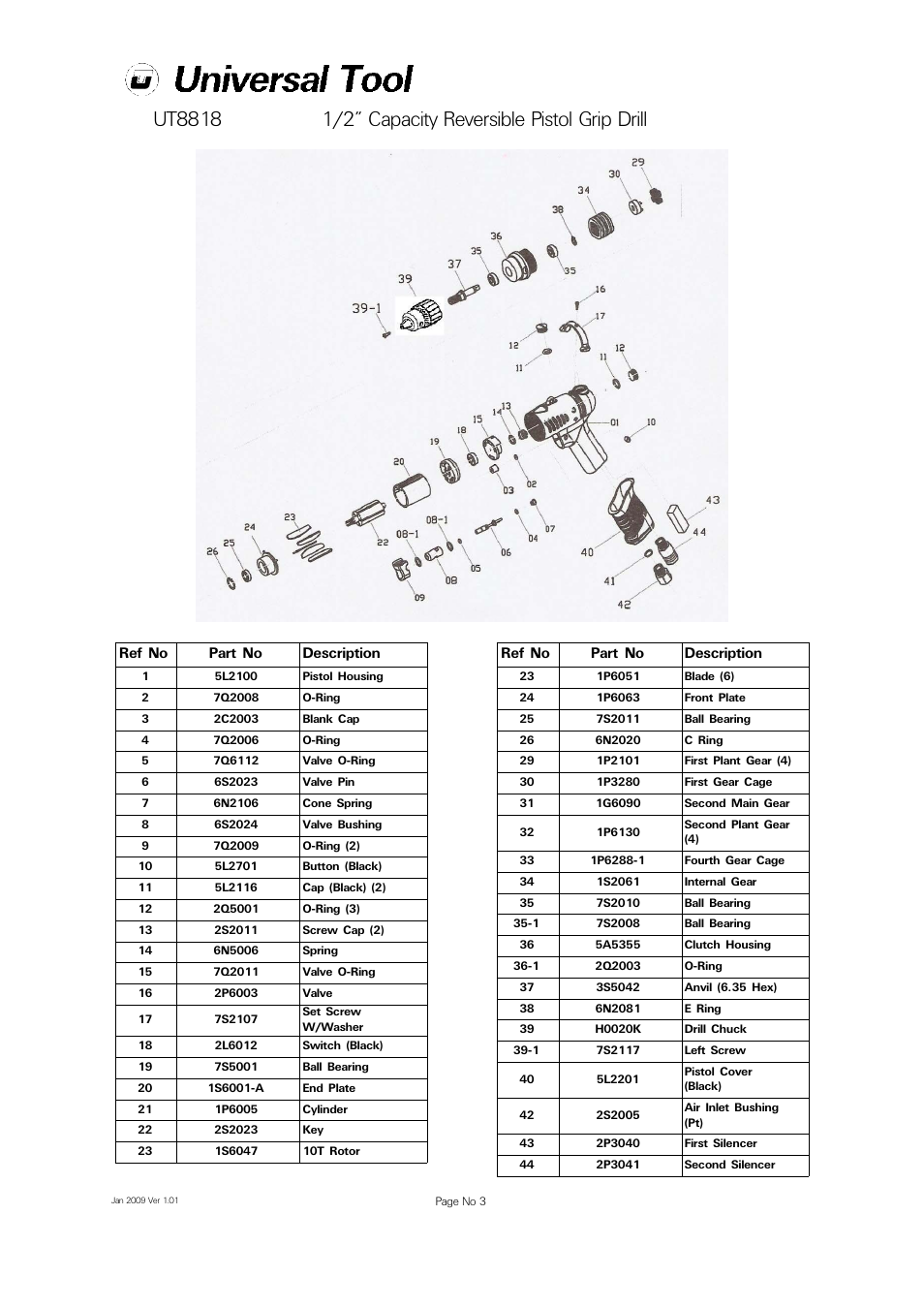 Ref no part no description | Universal Air Tools UT8818 User Manual | Page 3 / 4