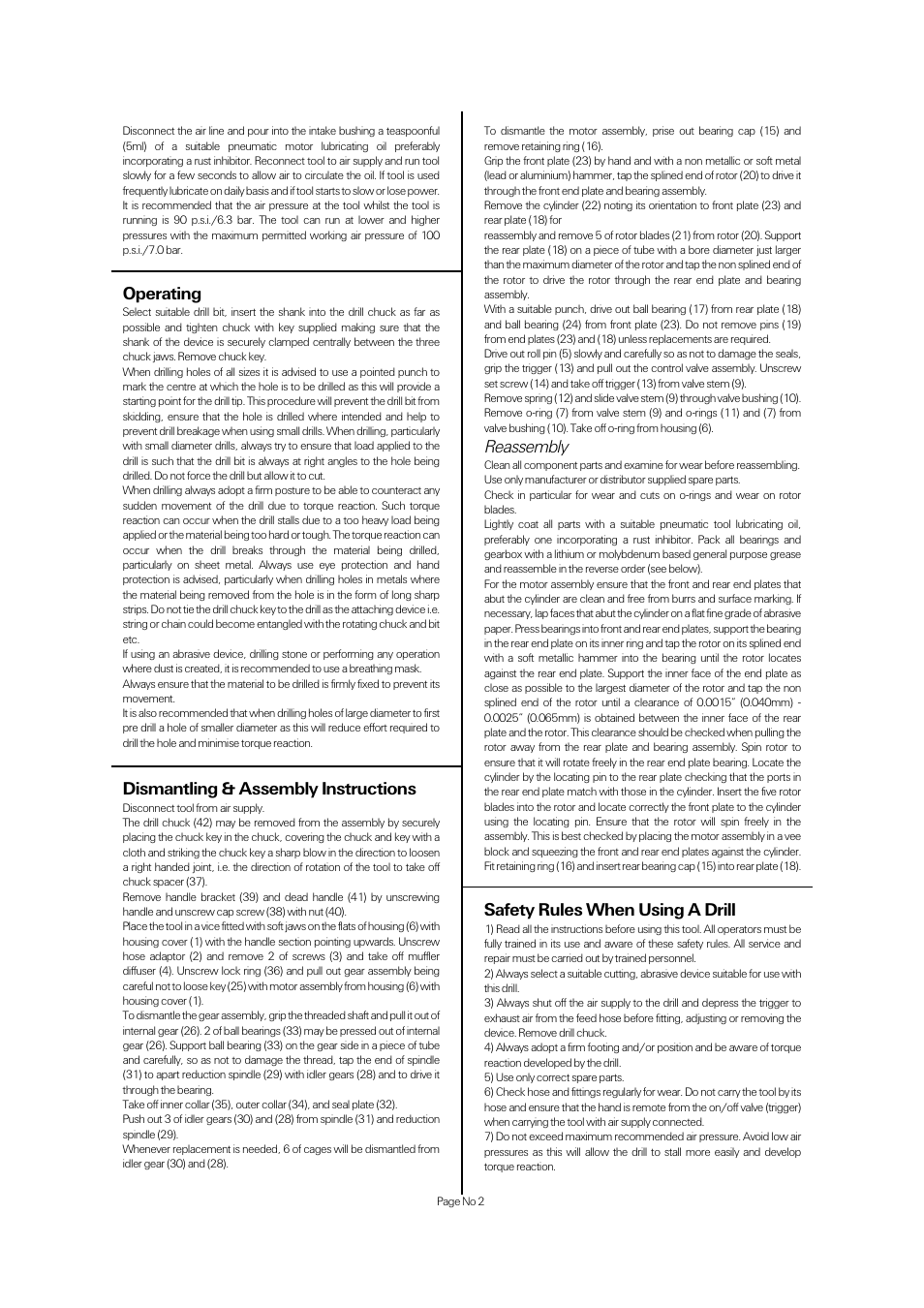 Operating, Dismantling & assembly instructions, Reassembly | Safety rules when using a drill | Universal Air Tools UT8850A User Manual | Page 2 / 4