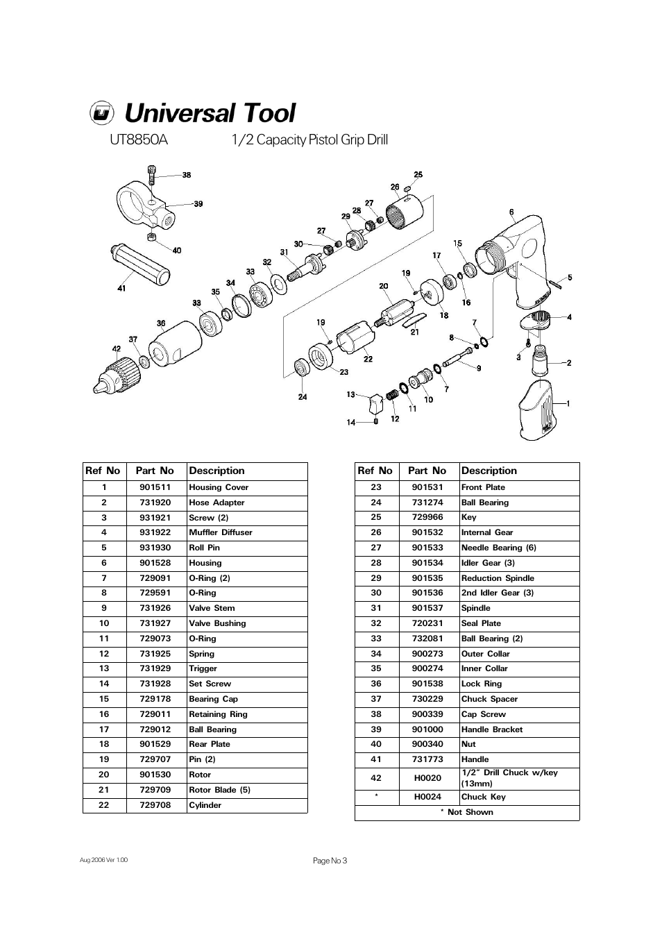 Ref no part no description | Universal Air Tools UT8850A User Manual | Page 3 / 4