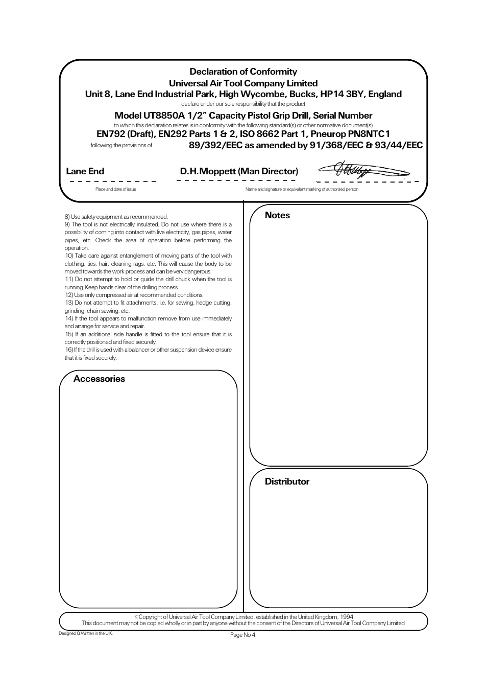 Accessories, Lane end d.h.moppett (man director) | Universal Air Tools UT8850A User Manual | Page 4 / 4