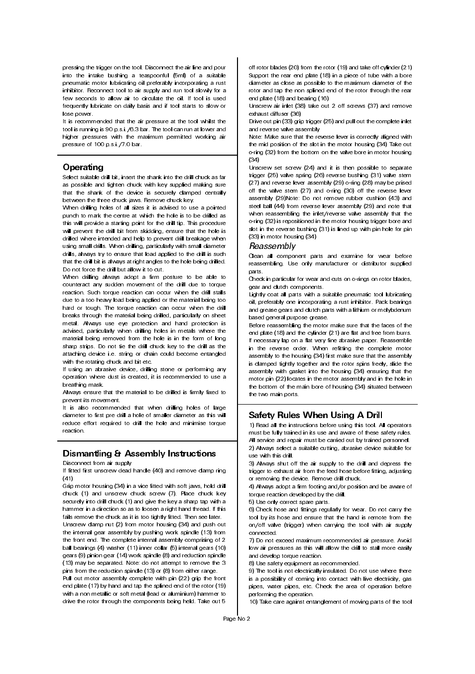 Operating, Dismantling & assembly instructions, Safety rules when using a drill | Reassembly | Universal Air Tools UT5880 User Manual | Page 2 / 4