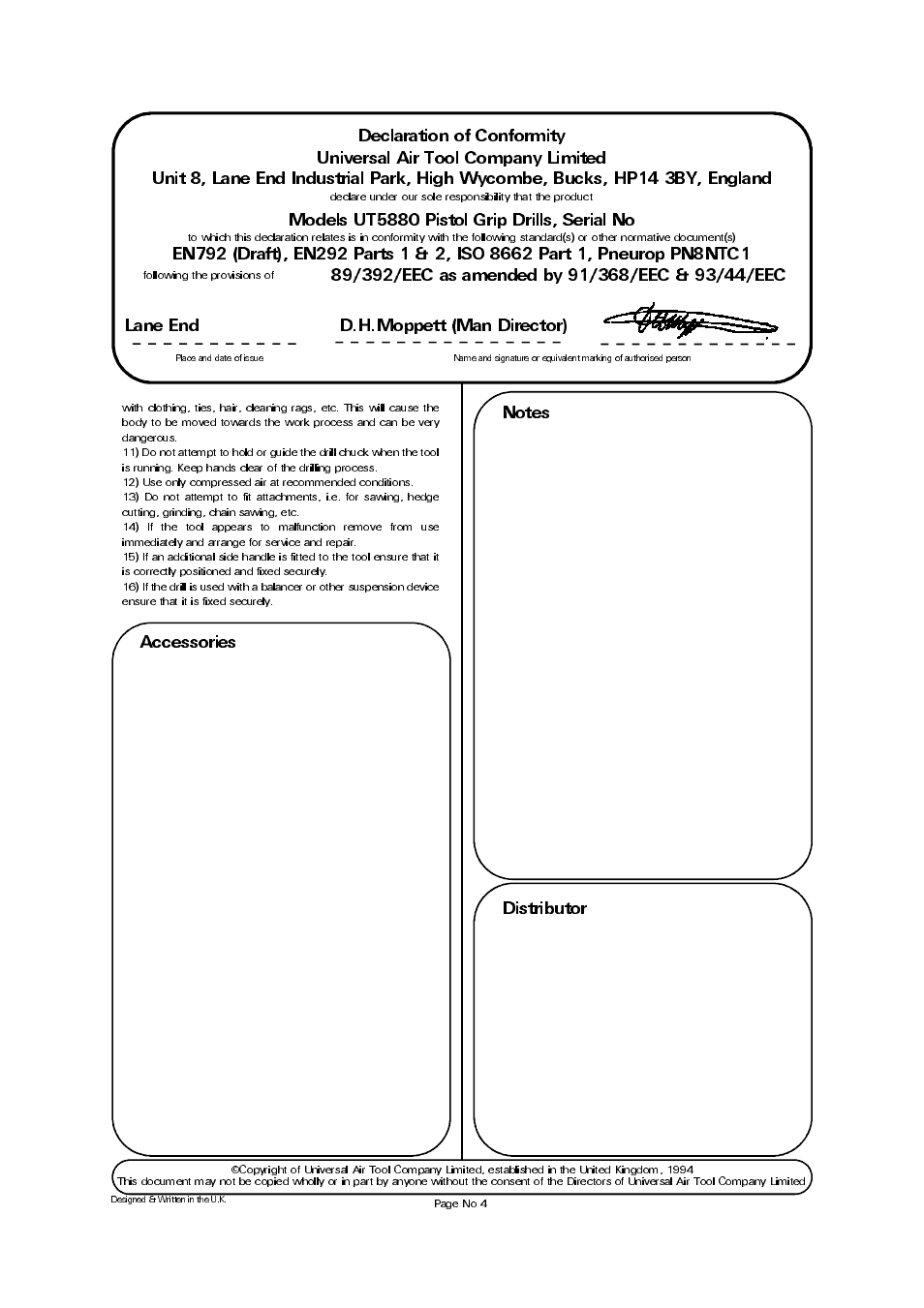 Accessories, Models ut5880 pistol grip drills, serial no, Lane end d.h.moppett (man director) | Universal Air Tools UT5880 User Manual | Page 4 / 4