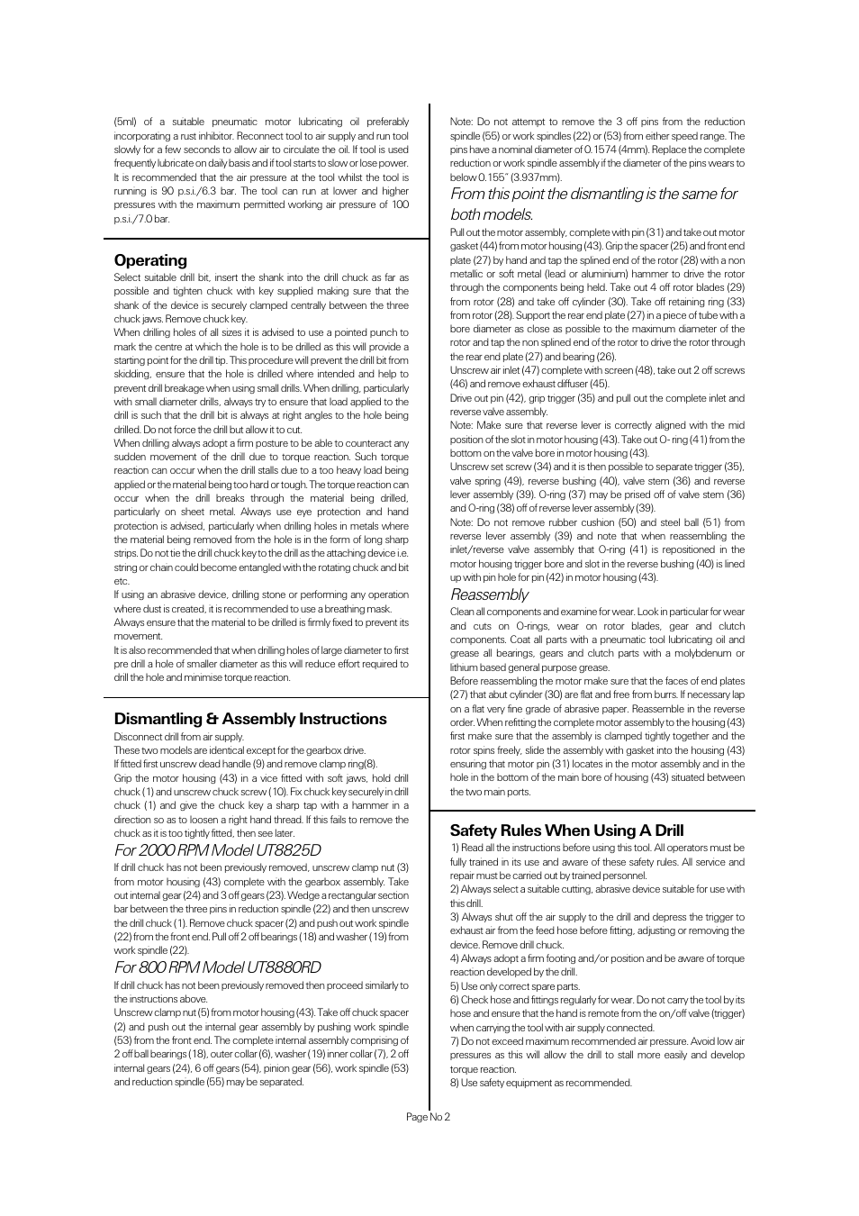 Operating, Dismantling & assembly instructions, Reassembly | Safety rules when using a drill | Universal Air Tools UT8880RD User Manual | Page 2 / 4