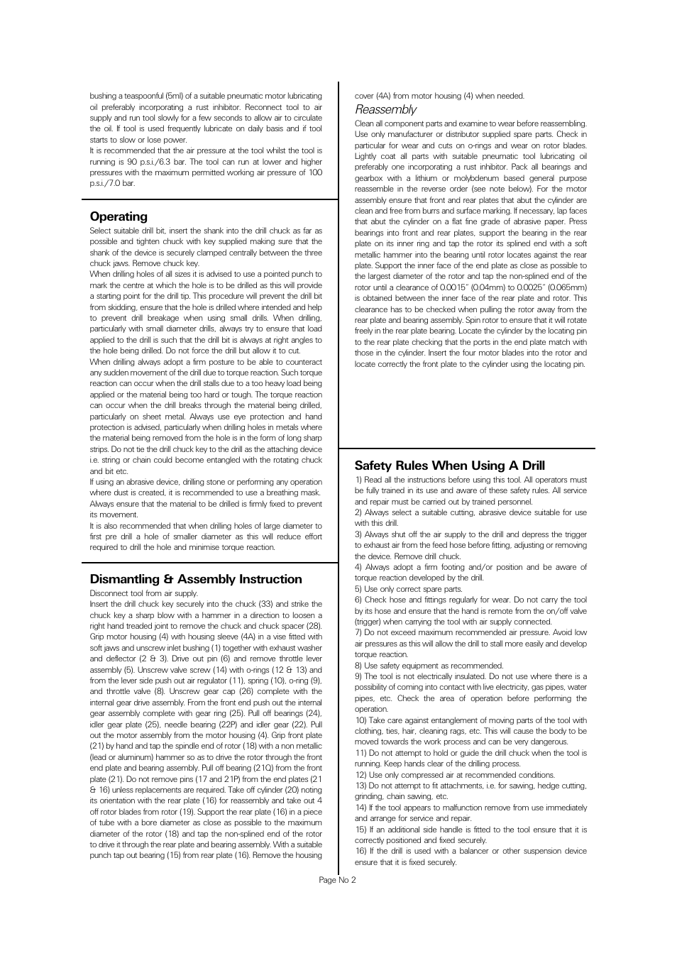 Operating, Dismantling & assembly instruction, Reassembly | Safety rules when using a drill | Universal Air Tools UT5741A User Manual | Page 2 / 4