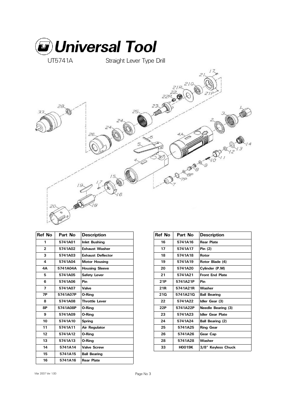 Ut5741a straight lever type drill, Ref no part no description | Universal Air Tools UT5741A User Manual | Page 3 / 4