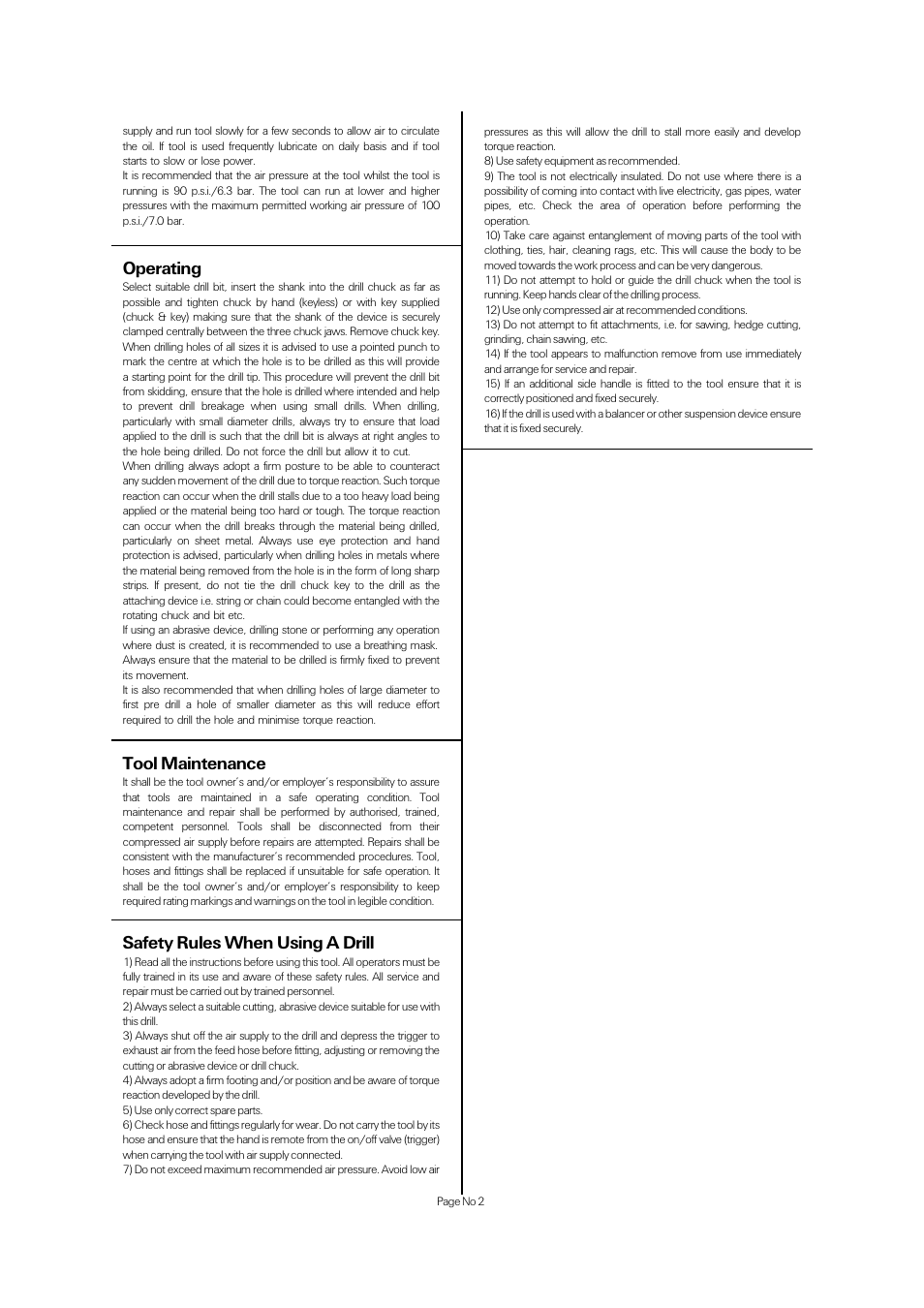 Operating, Tool maintenance, Safety rules when using a drill | Universal Air Tools UT8821-CK User Manual | Page 2 / 4