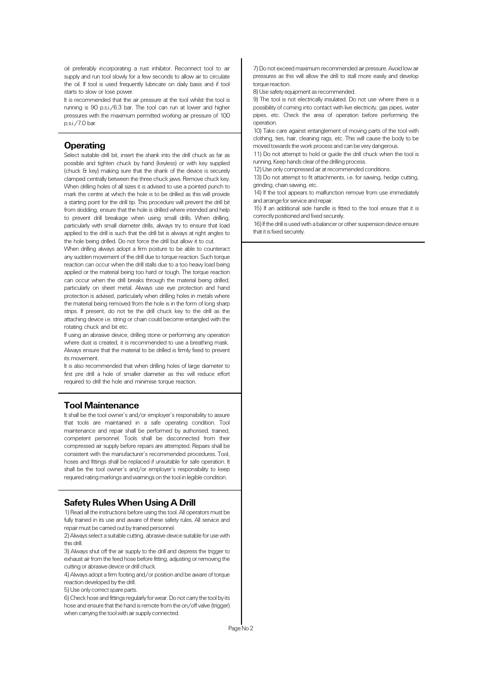 Operating, Tool maintenance, Safety rules when using a drill | Universal Air Tools UT8823-CK User Manual | Page 2 / 4