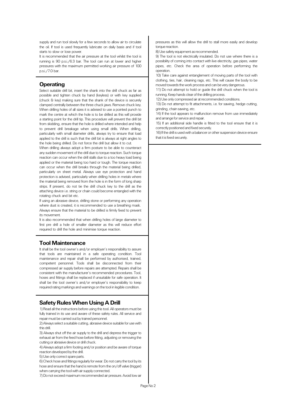 Operating, Tool maintenance, Safety rules when using a drill | Universal Air Tools UT8851-CK User Manual | Page 2 / 4