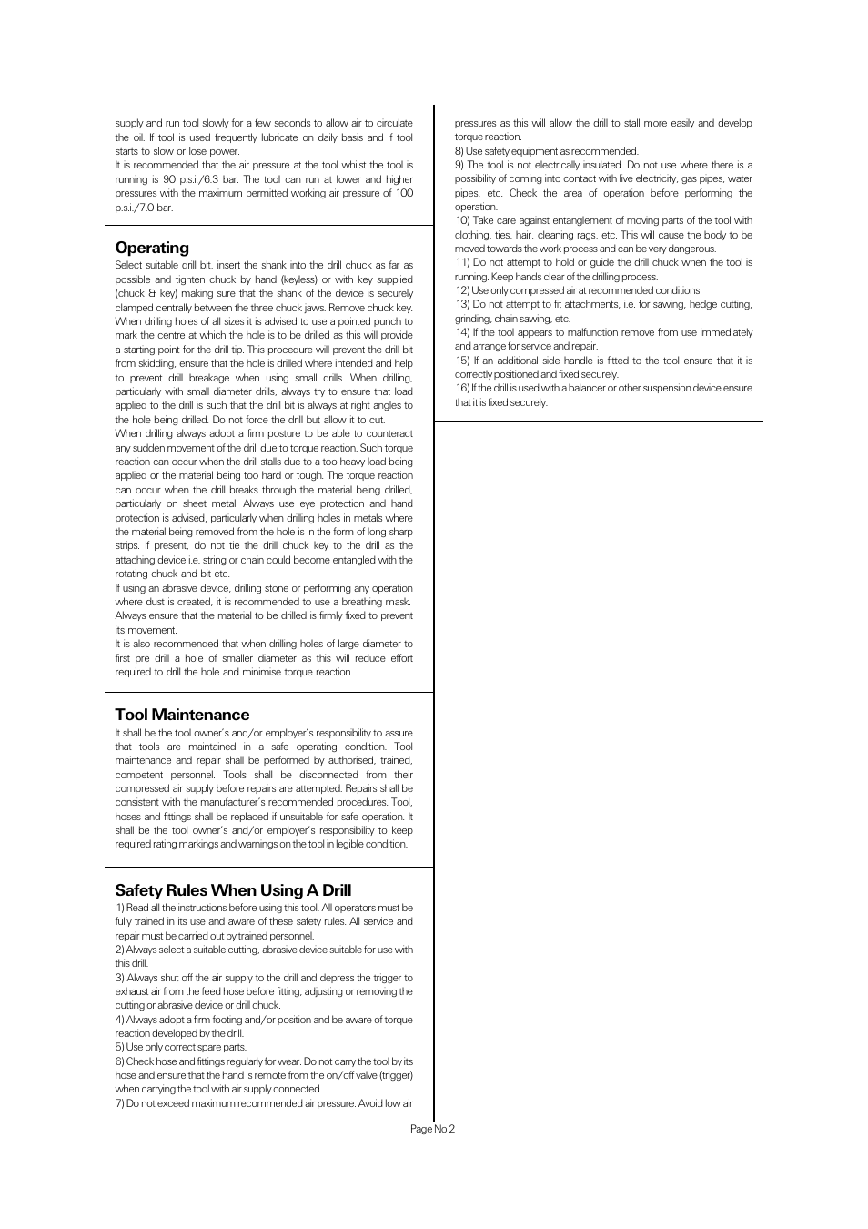 Operating, Tool maintenance, Safety rules when using a drill | Universal Air Tools UT8853-CK User Manual | Page 2 / 4