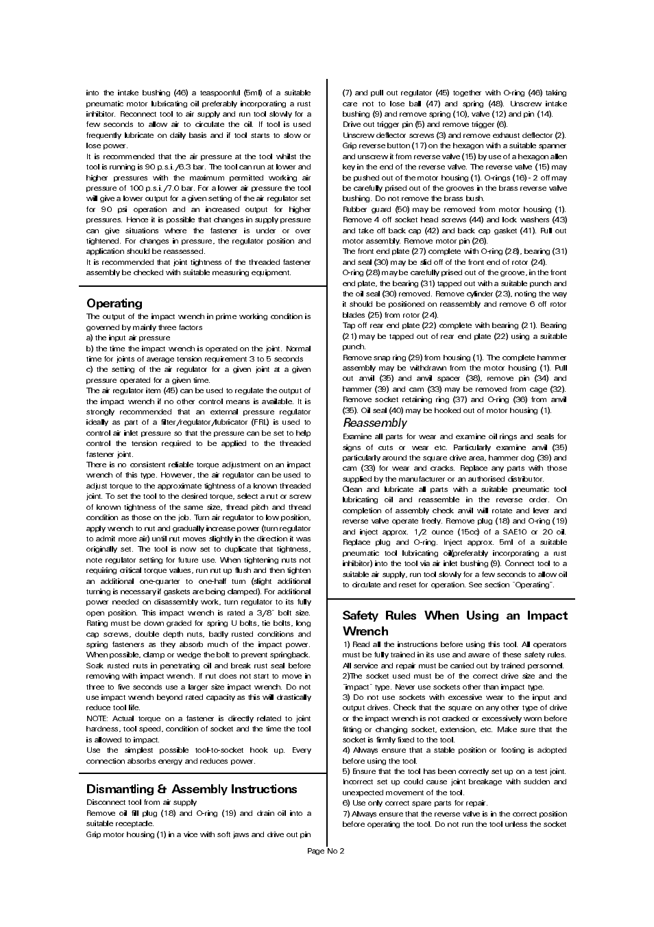 Safety rules when using an impact wrench, Dismantling & assembly instructions, Reassembly | Universal Air Tools UT5030 User Manual | Page 2 / 4