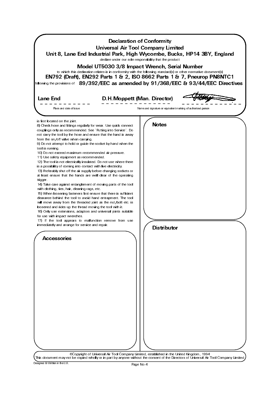 Lane end d.h.moppett (man. director) | Universal Air Tools UT5030 User Manual | Page 4 / 4