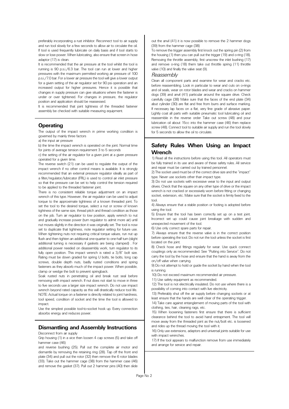 Operating, Dismantling and assembly instructions, Reassembly | Safety rules when using an impact wrench | Universal Air Tools UT8026 User Manual | Page 2 / 4