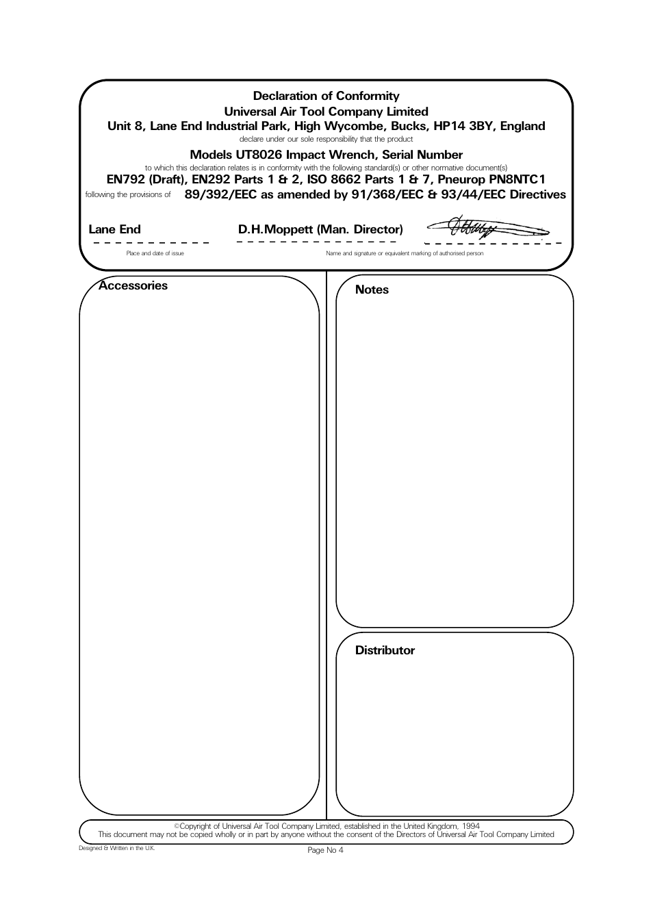 Models ut8026 impact wrench, serial number, Lane end d.h.moppett (man. director) | Universal Air Tools UT8026 User Manual | Page 4 / 4