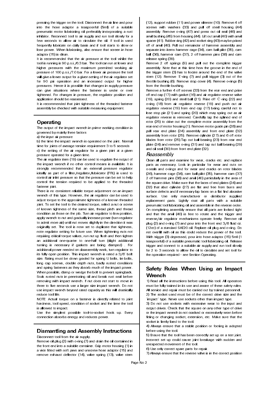 Operating, Dismantling and assembly instructions, Safety rules when using an impact wrench | Reassembly | Universal Air Tools UT8055RB User Manual | Page 2 / 4