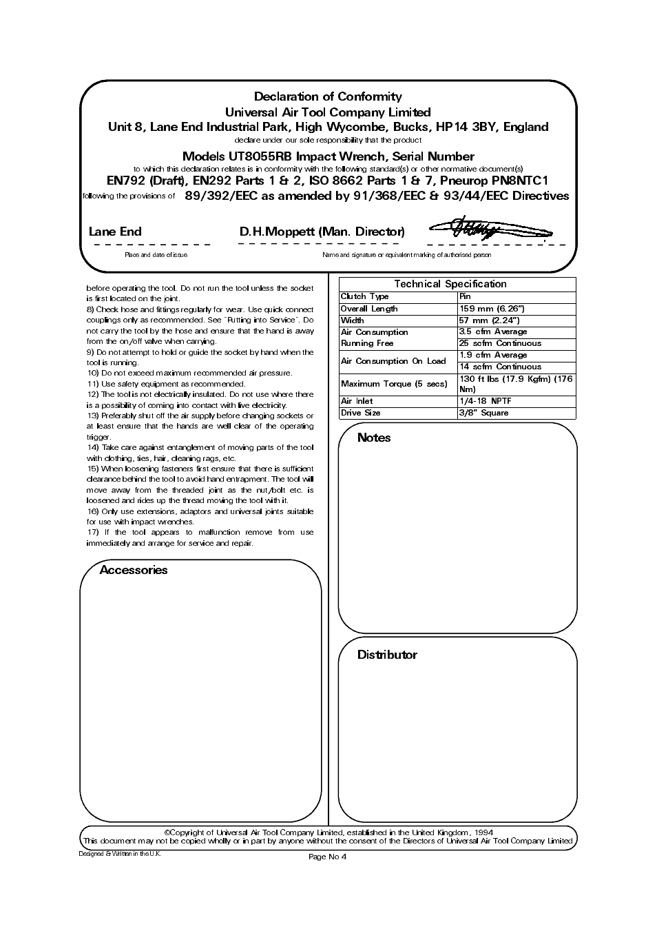 Models ut8055rb impact wrench, serial number, Lane end d.h.moppett (man. director) | Universal Air Tools UT8055RB User Manual | Page 4 / 4