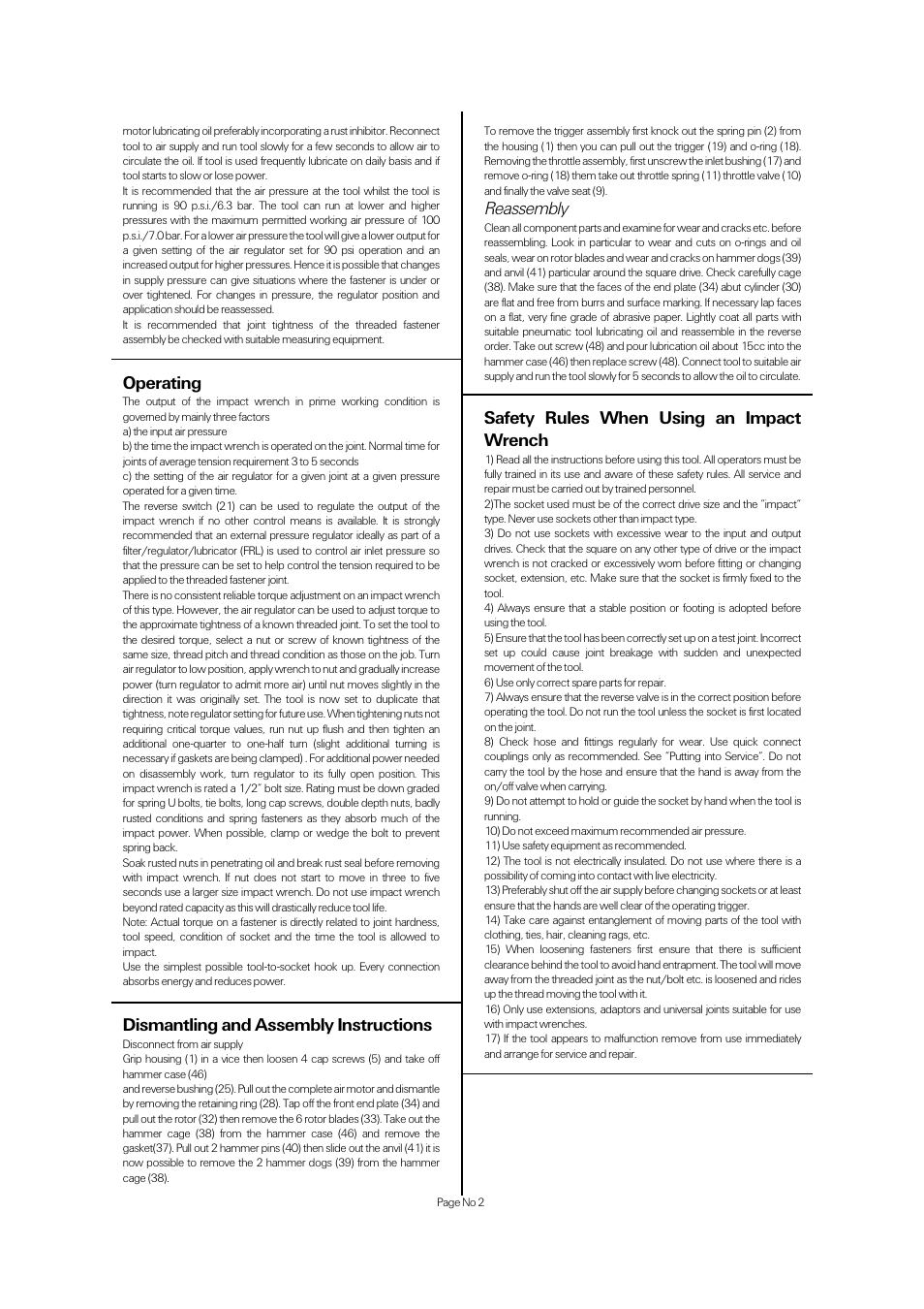 Operating, Dismantling and assembly instructions, Reassembly | Safety rules when using an impact wrench | Universal Air Tools UT8125 User Manual | Page 2 / 4