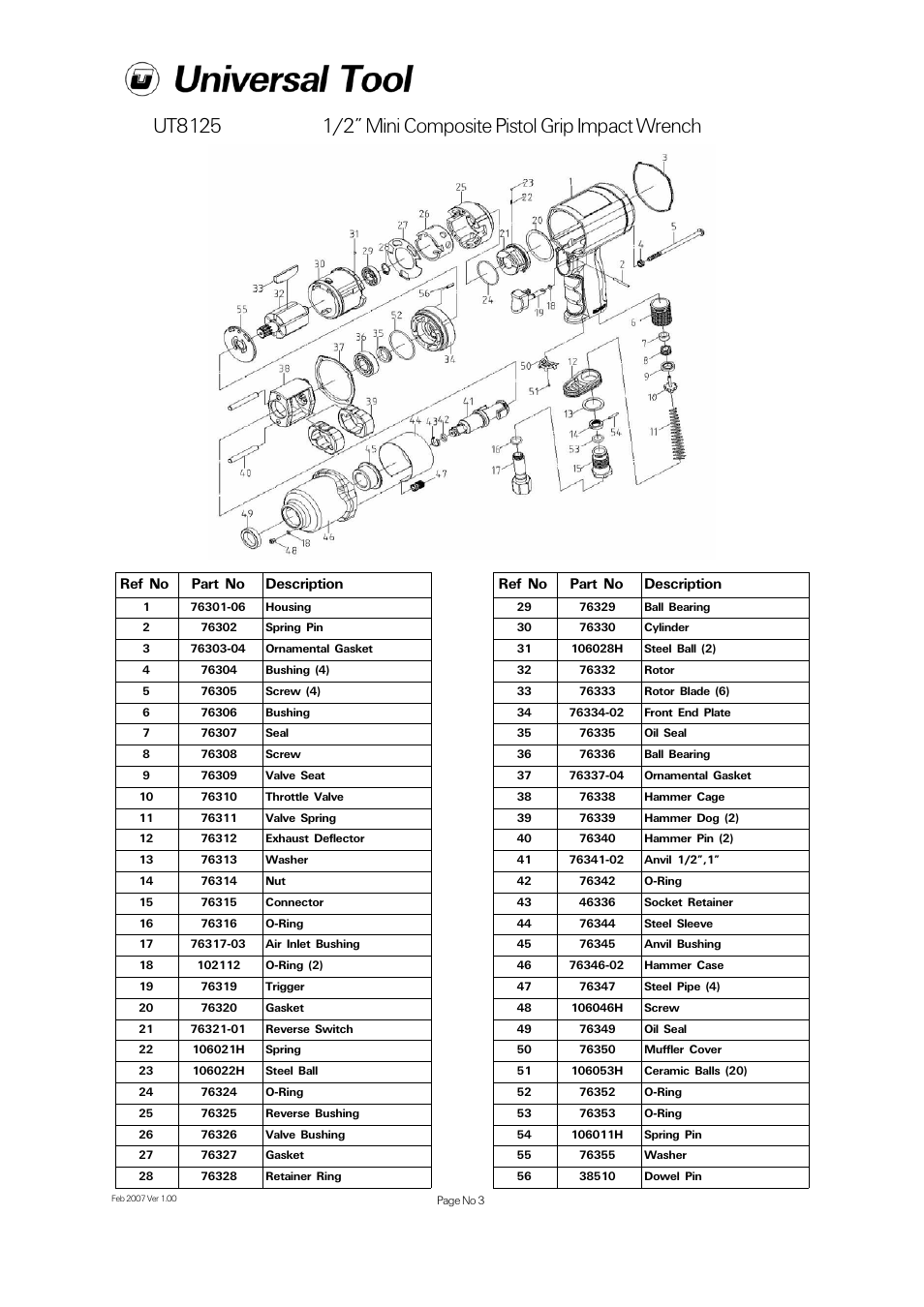 Ref no part no description | Universal Air Tools UT8125 User Manual | Page 3 / 4