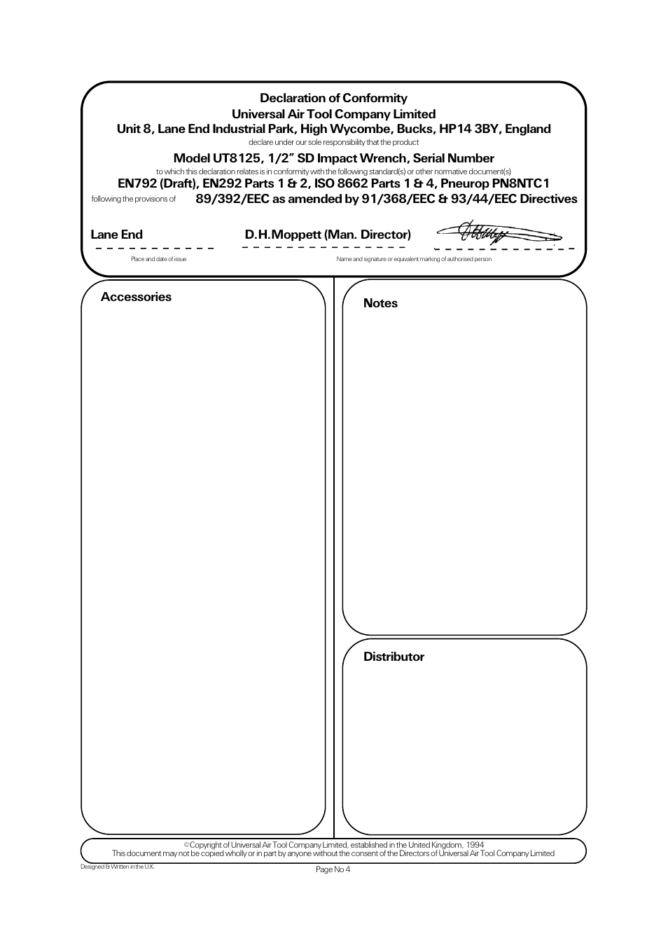 Lane end d.h.moppett (man. director) | Universal Air Tools UT8125 User Manual | Page 4 / 4