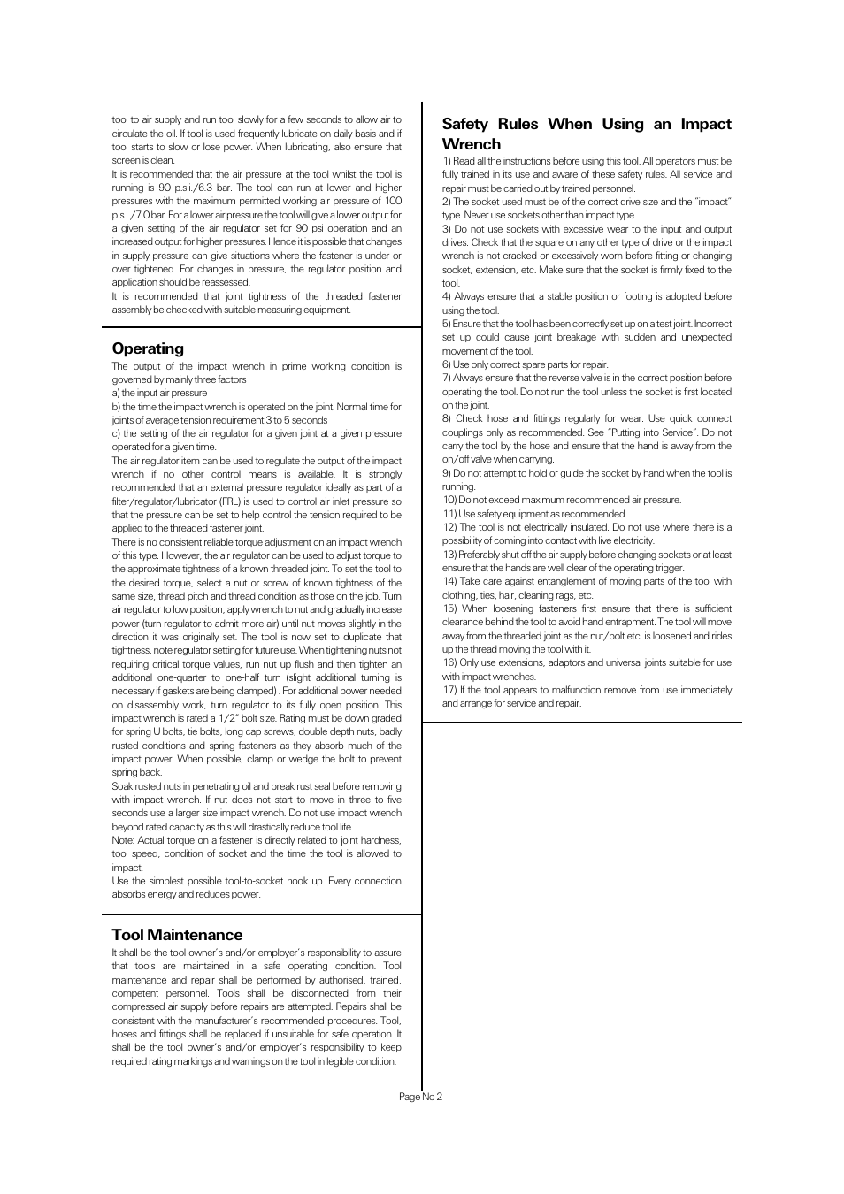Operating, Safety rules when using an impact wrench, Tool maintenance | Universal Air Tools UT8138 User Manual | Page 2 / 4