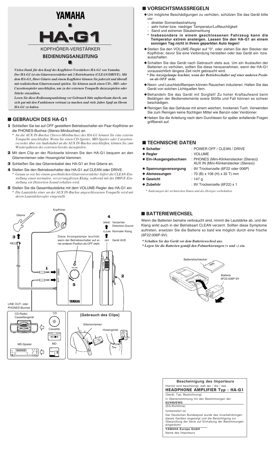 Bedienungsanleitung, Ha-g1 | Yamaha HA-G1 User Manual | Page 4 / 4