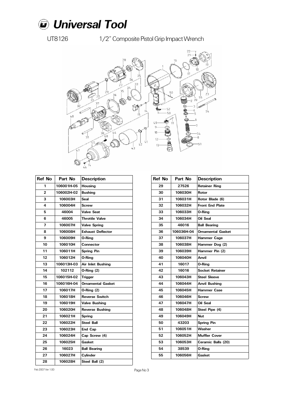 Ref no part no description | Universal Air Tools UT8126 User Manual | Page 3 / 4