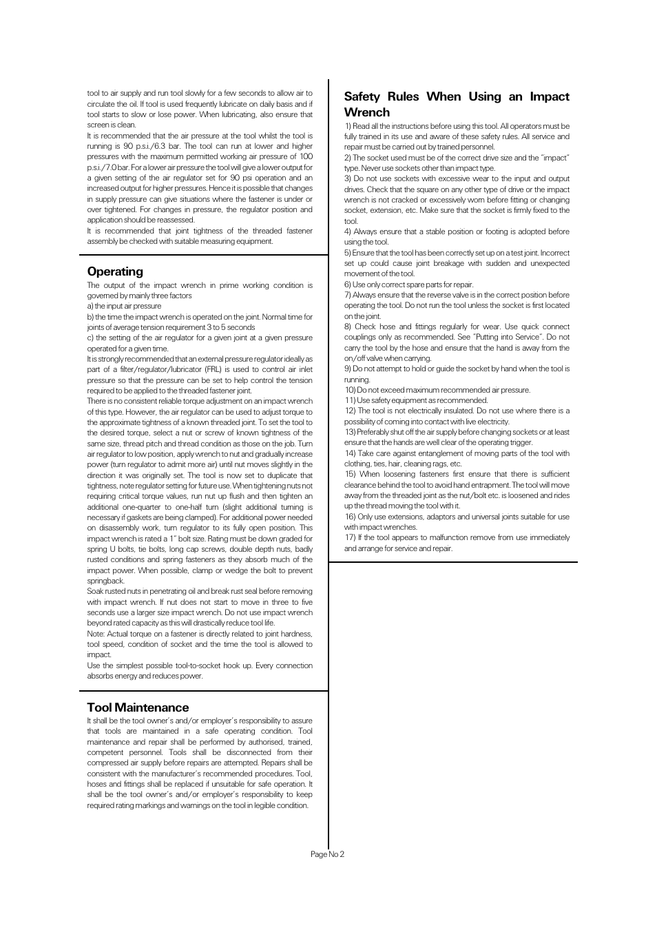 Operating, Tool maintenance, Safety rules when using an impact wrench | Universal Air Tools UT8175S User Manual | Page 2 / 4