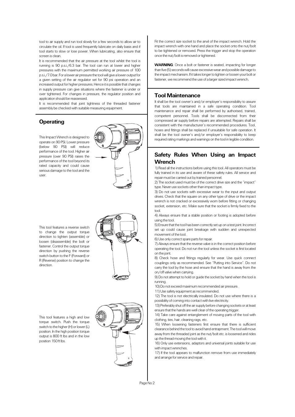 Operating, Tool maintenance, Safety rules when using an impact wrench | Universal Air Tools UT8176 User Manual | Page 2 / 4