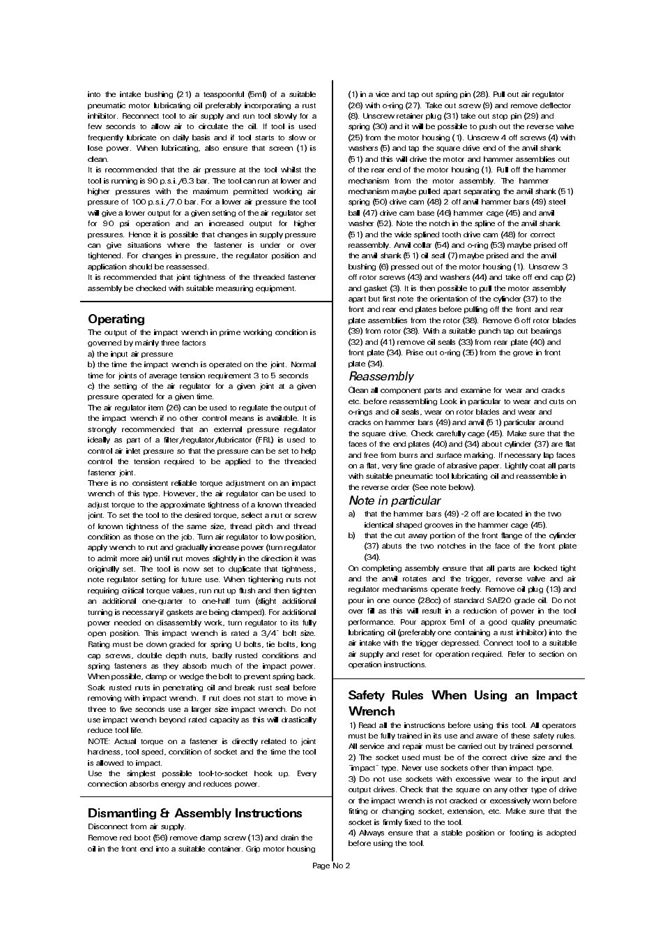 Safety rules when using an impact wrench, Dismantling & assembly instructions, Operating | Reassembly | Universal Air Tools UT5315 User Manual | Page 2 / 4