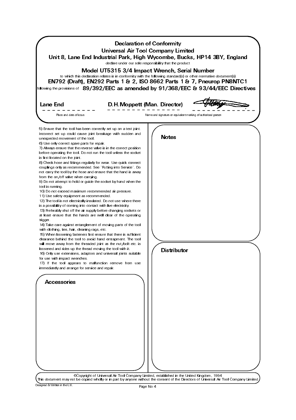 Lane end d.h.moppett (man. director) | Universal Air Tools UT5315 User Manual | Page 4 / 4