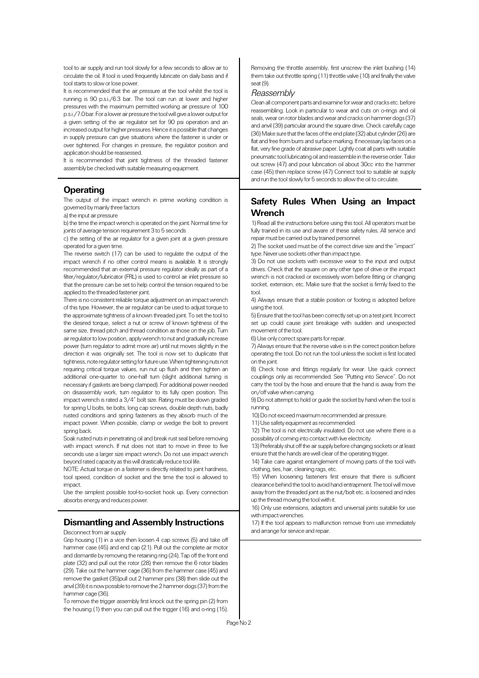 Safety rules when using an impact wrench, Dismantling and assembly instructions, Reassembly | Operating | Universal Air Tools UT8326 User Manual | Page 2 / 4