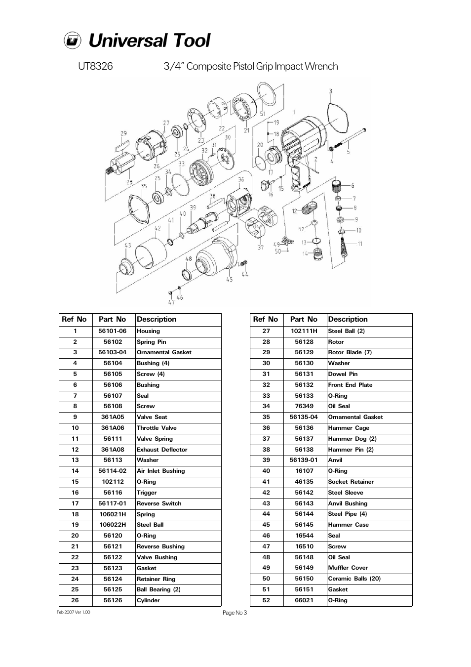 Ref no part no description | Universal Air Tools UT8326 User Manual | Page 3 / 4