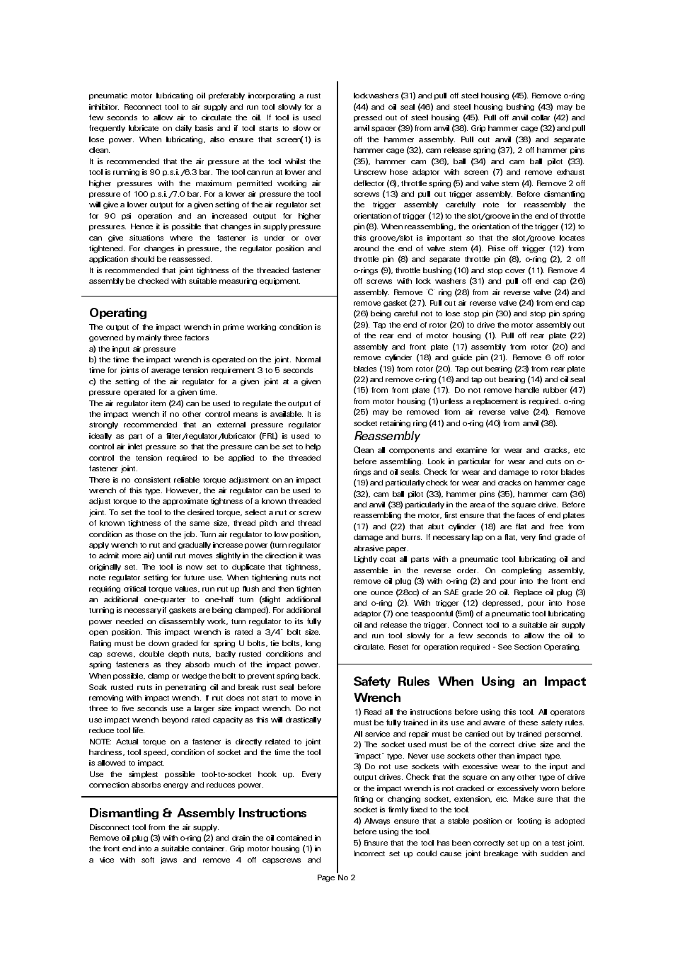 Safety rules when using an impact wrench, Dismantling & assembly instructions, Operating | Reassembly | Universal Air Tools UT8355-RL User Manual | Page 2 / 4