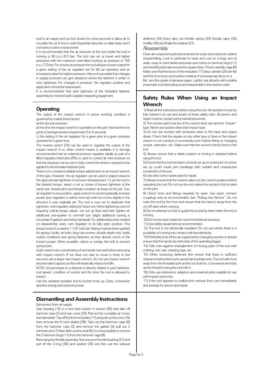 Safety rules when using an impact wrench, Dismantling and assembly instructions, Reassembly | Operating | Universal Air Tools UT8327 User Manual | Page 2 / 4