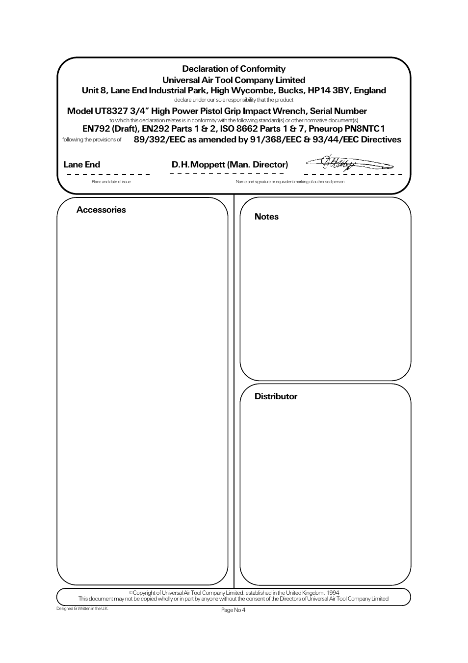 Lane end d.h.moppett (man. director) | Universal Air Tools UT8327 User Manual | Page 4 / 4